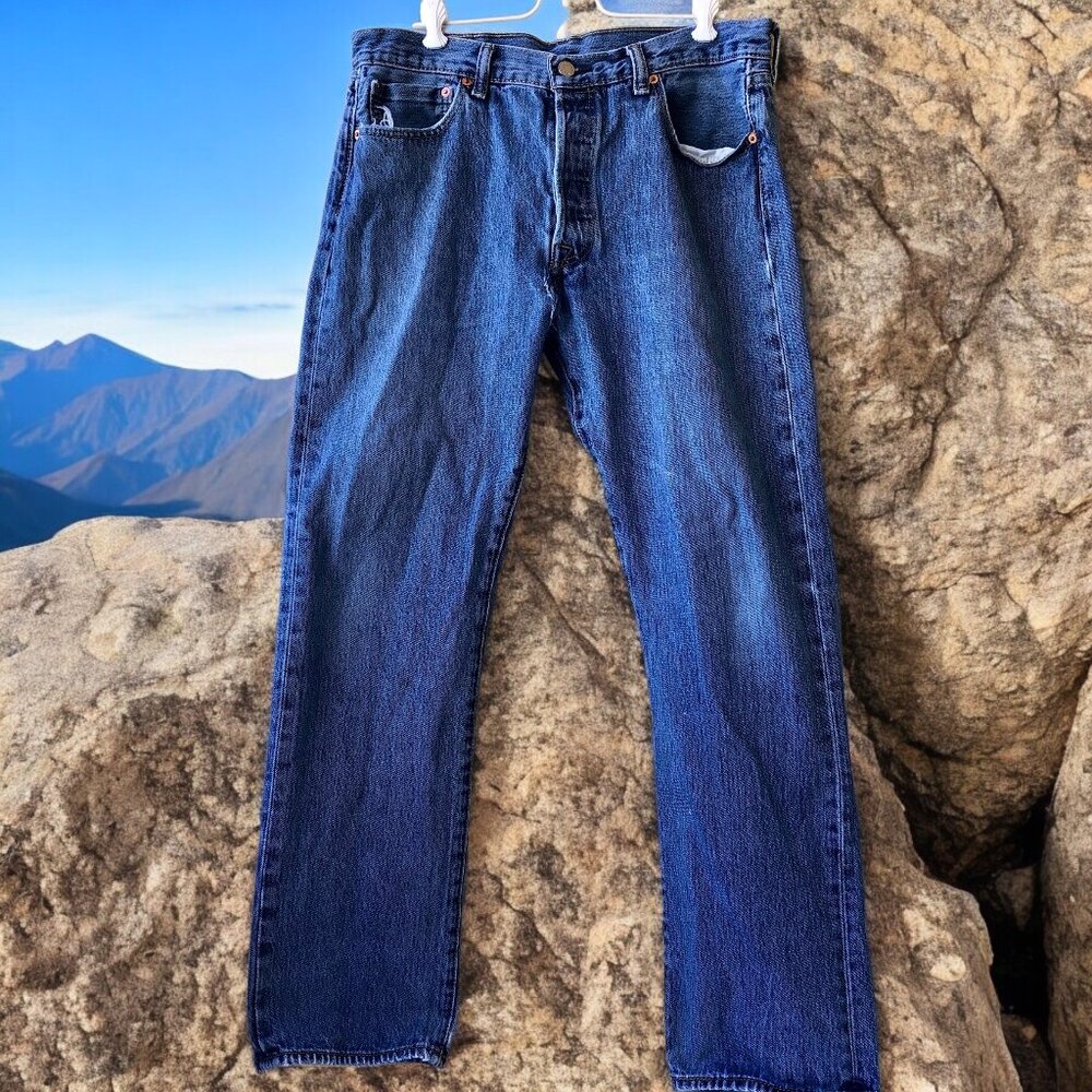 Levis 501 Blue Denim Jeans Button Fly Red Tab Grunge Destroyed Mens W 35 L 32